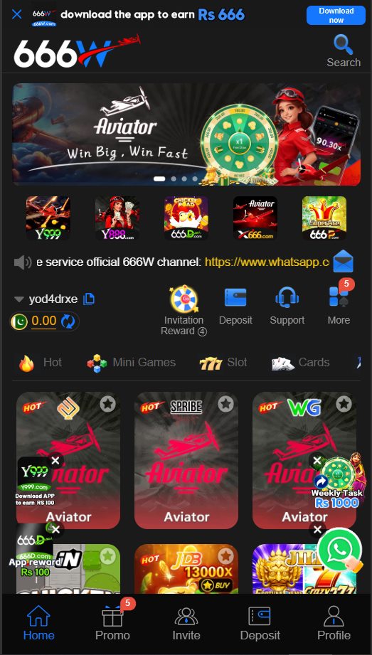 666W Game app home lobby showing the Aviator banner and the Hot, Mini Games, Slot and Cards categories